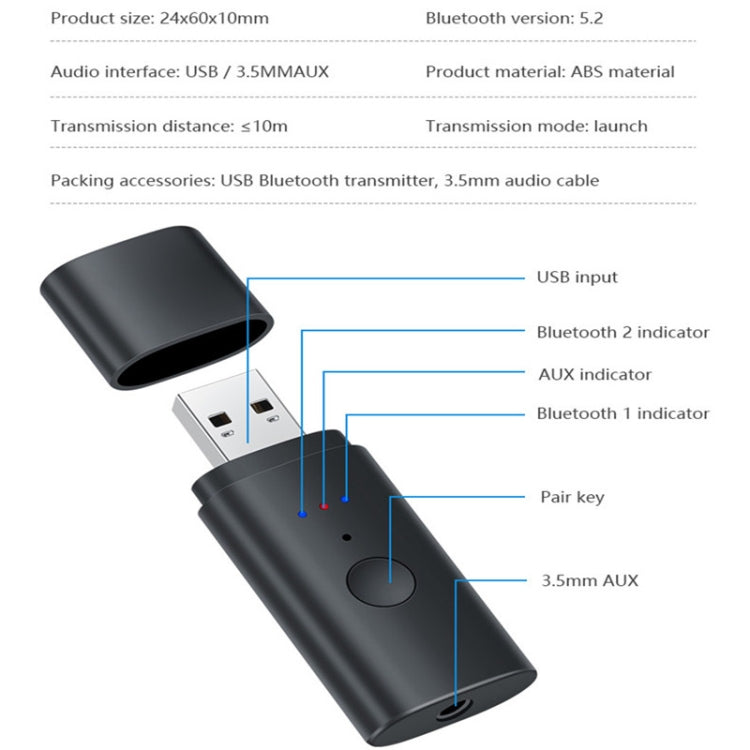 TX35 블루투스 5.2 송신기 원 드래그 투 USB / AUX 듀얼 출력