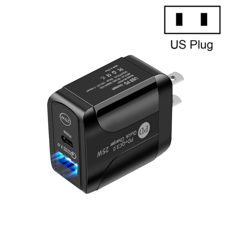 PD25W USB-C / 타입-C + QC3.0 USB 듀얼 포트 고속 충전기, US 플러그, US 플러그