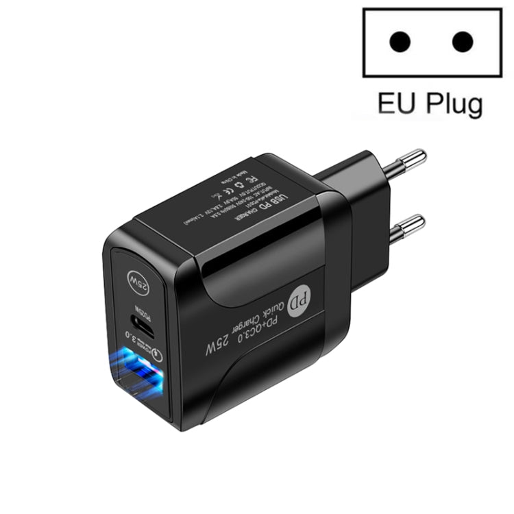 PD25W USB-C / 타입-C + QC3.0 USB 듀얼 포트 고속 충전기, EU 플러그, EU 플러그