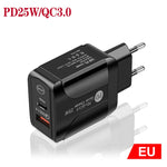 PD25W USB-C / 타입-C + QC3.0 USB 듀얼 포트 고속 충전기, EU 플러그, EU 플러그