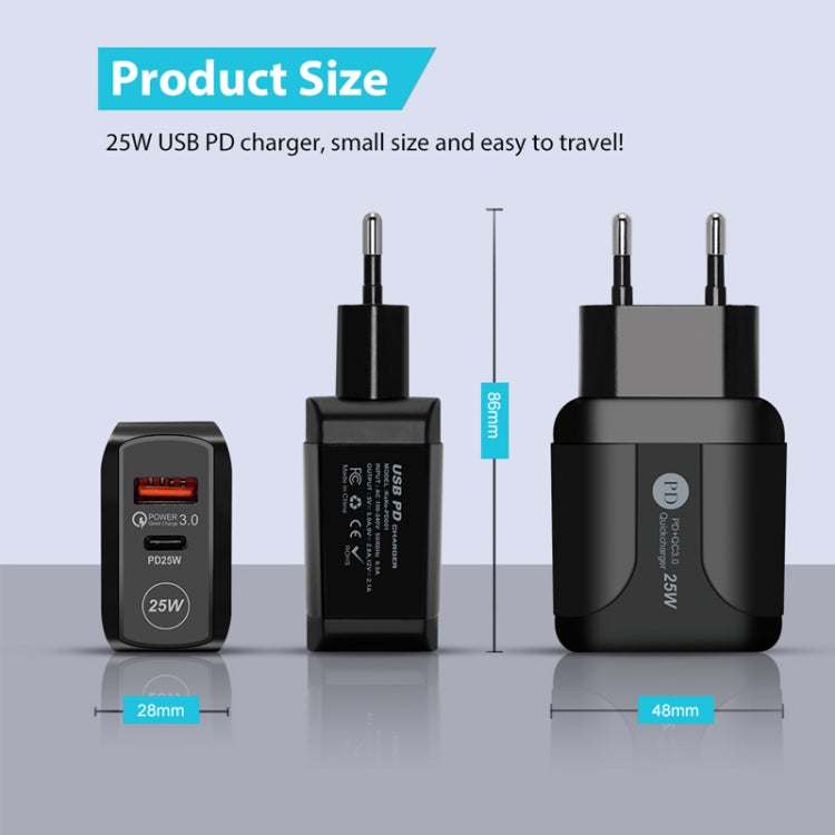 PD25W USB-C / 타입-C + QC3.0 USB 듀얼 포트 고속 충전기, EU 플러그, EU 플러그