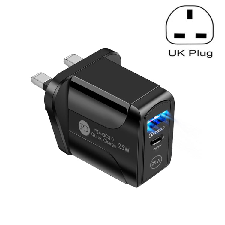 PD25W USB-C / 타입-C + QC3.0 USB 듀얼 포트 고속 충전기, UK 플러그, UK 플러그