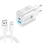 PD25W USB-C / Type-C + QC3.0 USB 듀얼 포트 고속 충전기 USB to Type-C 데이터 케이블 포함, EU 플러그, EU 플러그 + USB to Type-C 케이블