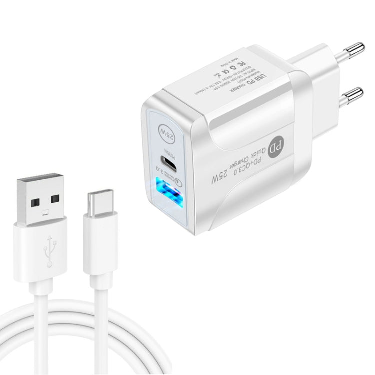PD25W USB-C / Type-C + QC3.0 USB 듀얼 포트 고속 충전기 USB to Type-C 데이터 케이블 포함, EU 플러그, EU 플러그 + USB to Type-C 케이블