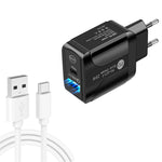 PD25W USB-C / Type-C + QC3.0 USB 듀얼 포트 고속 충전기 USB to Type-C 데이터 케이블 포함, EU 플러그, EU 플러그 + USB to Type-C 케이블