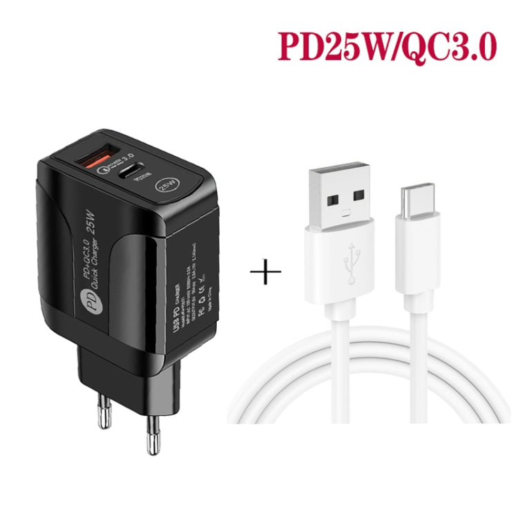 PD25W USB-C / Type-C + QC3.0 USB 듀얼 포트 고속 충전기 USB to Type-C 데이터 케이블 포함, EU 플러그, EU 플러그 + USB to Type-C 케이블
