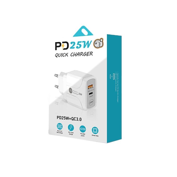PD25W USB-C / Type-C + QC3.0 USB 듀얼 포트 고속 충전기 USB to Type-C 데이터 케이블 포함, EU 플러그, EU 플러그 + USB to Type-C 케이블
