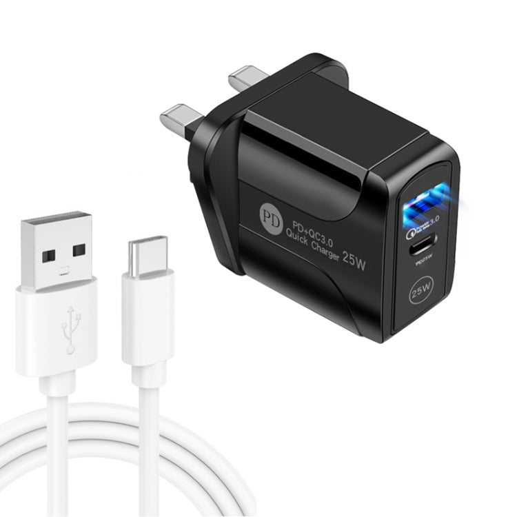 PD25W USB-C / Type-C + QC3.0 USB 듀얼 포트 고속 충전기 USB to Type-C 데이터 케이블 포함, UK 플러그, UK 플러그 + USB to Type-C 케이블