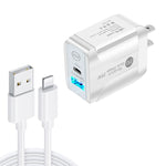 PD25W USB-C / 타입-C + QC3.0 USB 듀얼 포트 고속 충전기 USB to 8핀 데이터 케이블 포함, US 플러그, US 플러그 + USB to 8핀 케이블