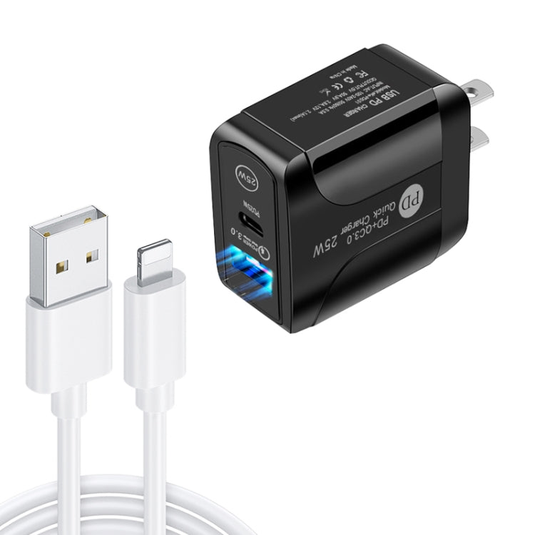 PD25W USB-C / 타입-C + QC3.0 USB 듀얼 포트 고속 충전기 USB to 8핀 데이터 케이블 포함, US 플러그, US 플러그 + USB to 8핀 케이블