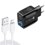 PD25W USB-C / 타입-C + QC3.0 USB 듀얼 포트 고속 충전기 USB to 8핀 데이터 케이블 포함, EU 플러그, EU 플러그 + USB to 8핀 케이블