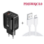 PD25W USB-C / 타입-C + QC3.0 USB 듀얼 포트 고속 충전기 USB to 8핀 데이터 케이블 포함, EU 플러그, EU 플러그 + USB to 8핀 케이블