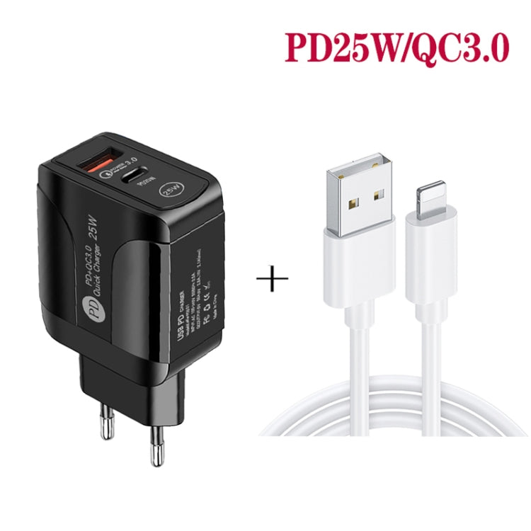 PD25W USB-C / 타입-C + QC3.0 USB 듀얼 포트 고속 충전기 USB to 8핀 데이터 케이블 포함, EU 플러그, EU 플러그 + USB to 8핀 케이블