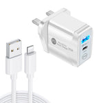 PD25W USB-C / 타입-C + QC3.0 USB 듀얼 포트 고속 충전기 USB to 8핀 데이터 케이블 포함, UK 플러그, UK 플러그 + USB to 8핀 케이블