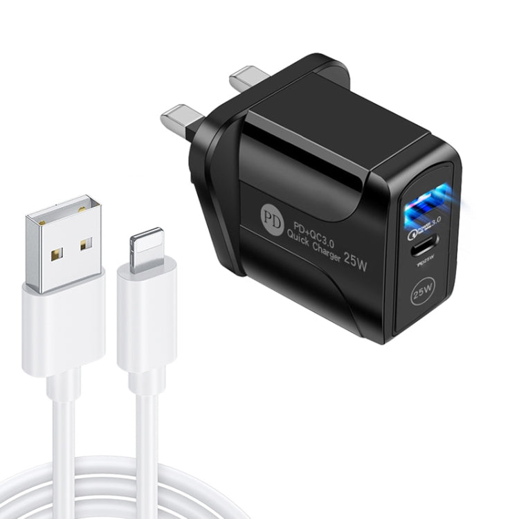 PD25W USB-C / 타입-C + QC3.0 USB 듀얼 포트 고속 충전기 USB to 8핀 데이터 케이블 포함, UK 플러그, UK 플러그 + USB to 8핀 케이블