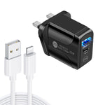 PD25W USB-C / 타입-C + QC3.0 USB 듀얼 포트 고속 충전기 USB to 8핀 데이터 케이블 포함, UK 플러그, UK 플러그 + USB to 8핀 케이블