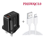 PD25W USB-C / 타입-C + QC3.0 USB 듀얼 포트 고속 충전기 USB to 8핀 데이터 케이블 포함, UK 플러그, UK 플러그 + USB to 8핀 케이블