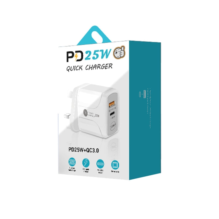 PD25W USB-C / 타입-C + QC3.0 USB 듀얼 포트 고속 충전기 USB to 8핀 데이터 케이블 포함, UK 플러그, UK 플러그 + USB to 8핀 케이블
