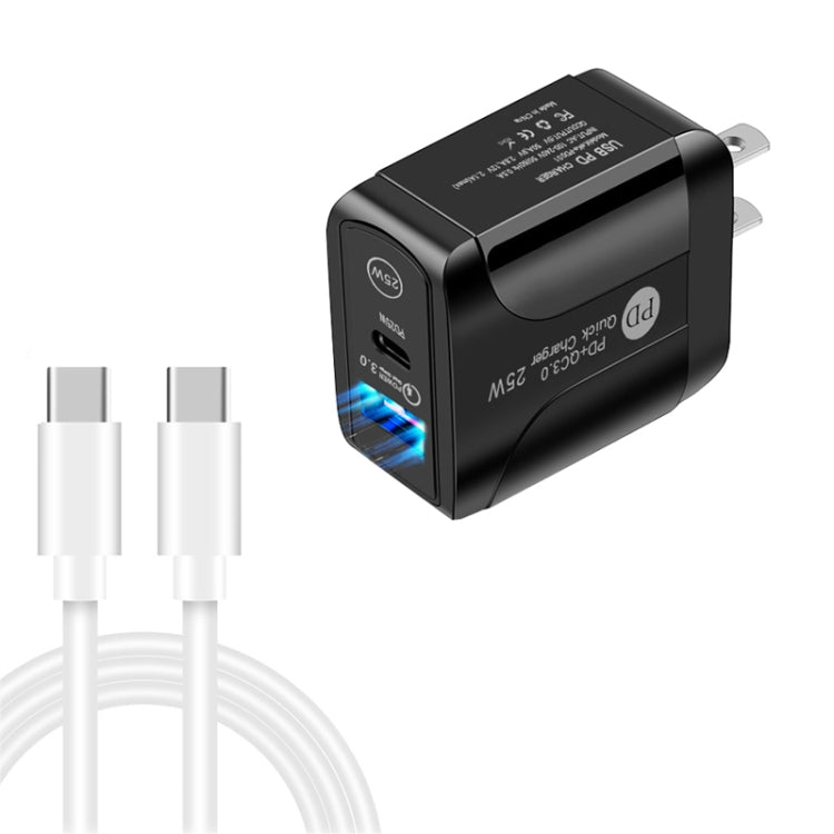 PD25W USB-C / Type-C + QC3.0 USB 듀얼 포트 고속 충전기 USB-C to USB-C 데이터 케이블 포함, US 플러그, US 플러그 + USB-C to USB-C 케이블