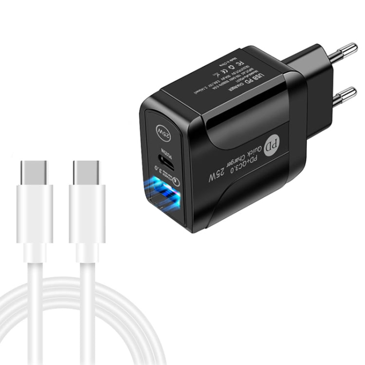PD25W USB-C / Type-C + QC3.0 USB 듀얼 포트 고속 충전기 USB-C to USB-C 데이터 케이블 포함, EU 플러그, EU 플러그 + USB-C to USB-C 케이블
