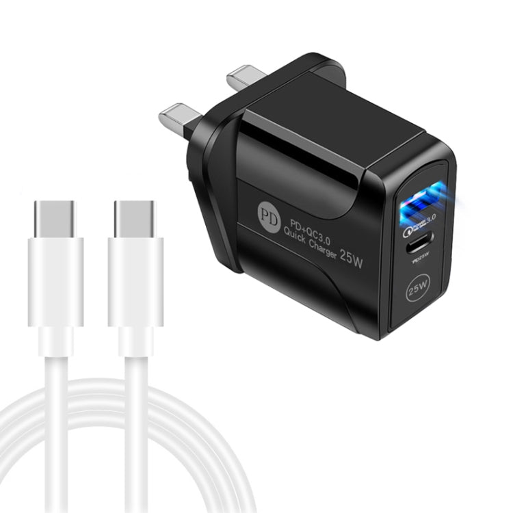 PD25W USB-C / Type-C + QC3.0 USB 듀얼 포트 고속 충전기 USB-C to USB-C 데이터 케이블 포함, UK 플러그, UK 플러그 + USB-C to USB-C 케이블