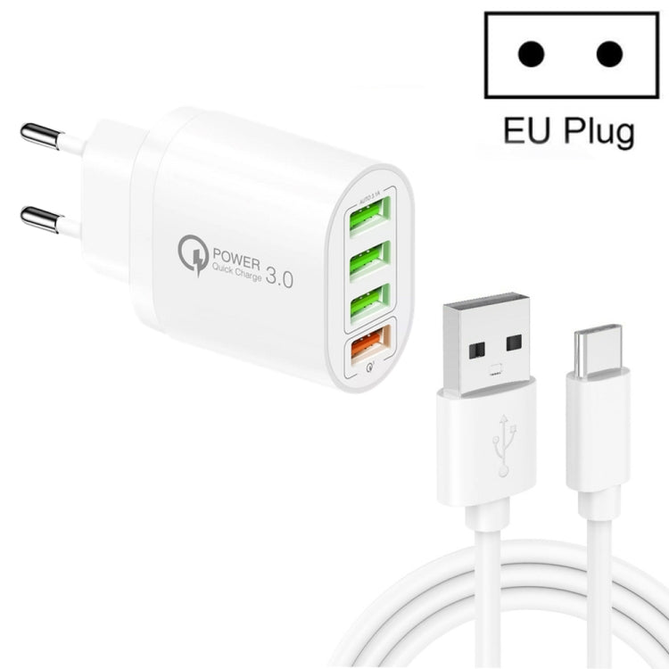 QC-04 QC3.0 + 3 x USB2.0 다중 포트 충전기 3A USB to Type-C 데이터 케이블 포함, EU 플러그, EU 플러그 + Type-C 케이블