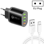 QC-04 QC3.0 + 3 x USB2.0 Multi-ports Charger with 3A USB to Type-C Data Cable, EU Plug, EU Plug + Type-C Cable