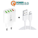 QC-04 QC3.0 + 3 x USB2.0 멀티 포트 충전기 3A USB to 8핀 데이터 케이블 포함, EU 플러그, EU 플러그 + 8핀 케이블