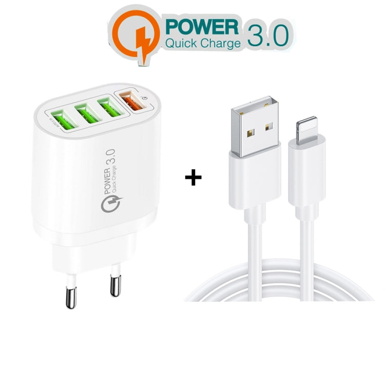 QC-04 QC3.0 + 3 x USB2.0 멀티 포트 충전기 3A USB to 8핀 데이터 케이블 포함, EU 플러그, EU 플러그 + 8핀 케이블