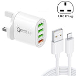 QC-04 QC3.0 + 3 x USB2.0 멀티 포트 충전기 3A USB to 8핀 데이터 케이블 포함, UK 플러그, UK 플러그 + 8핀 케이블