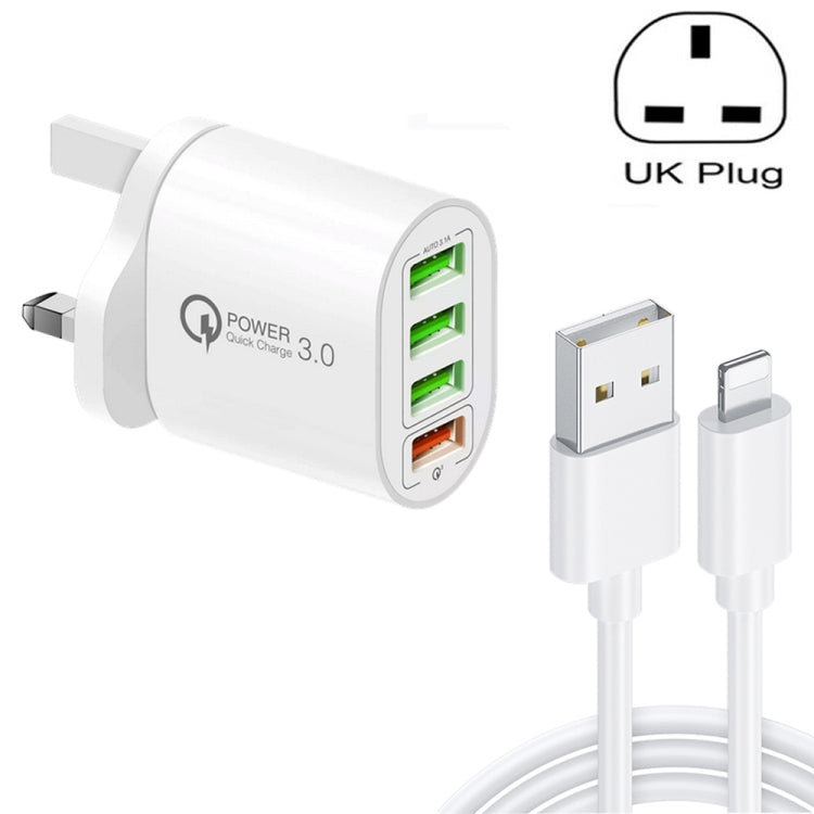 QC-04 QC3.0 + 3 x USB2.0 멀티 포트 충전기 3A USB to 8핀 데이터 케이블 포함, UK 플러그, UK 플러그 + 8핀 케이블