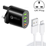 QC-04 QC3.0 + 3 x USB2.0 멀티 포트 충전기 3A USB to 8핀 데이터 케이블 포함, UK 플러그, UK 플러그 + 8핀 케이블