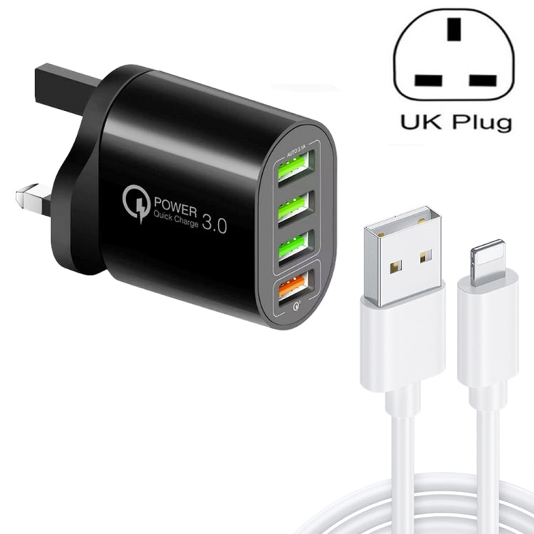 QC-04 QC3.0 + 3 x USB2.0 멀티 포트 충전기 3A USB to 8핀 데이터 케이블 포함, UK 플러그, UK 플러그 + 8핀 케이블