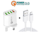 QC-04 QC3.0 + 3 x USB2.0 멀티 포트 충전기 3A USB to 8핀 데이터 케이블 포함, UK 플러그, UK 플러그 + 8핀 케이블