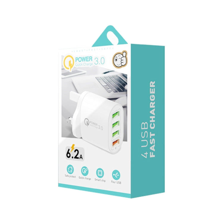 QC-04 QC3.0 + 3 x USB2.0 멀티 포트 충전기 3A USB to 8핀 데이터 케이블 포함, UK 플러그, UK 플러그 + 8핀 케이블