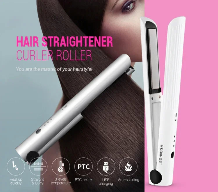 K-SKIN 휴대용 충전식 헤어 스트레이트너 컬러 세라믹 아이언 스타일링 도구 무선 조절 온도 빠른 가열