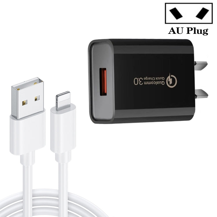 CA-25 QC3.0 USB 3A 고속 충전기 USB to 8핀 데이터 케이블 포함, AU 플러그, AU 플러그 + 8핀 케이블