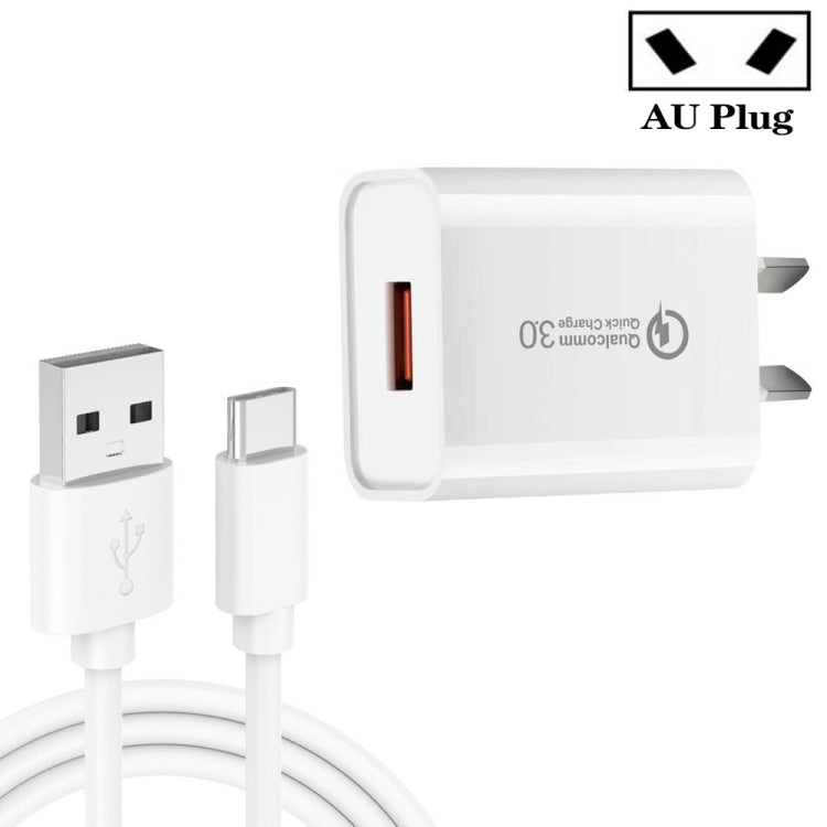 CA-25 QC3.0 USB 3A 고속 충전기 1m USB to Type-C 데이터 케이블 포함, AU 플러그, AU 플러그 + Type-C 케이블