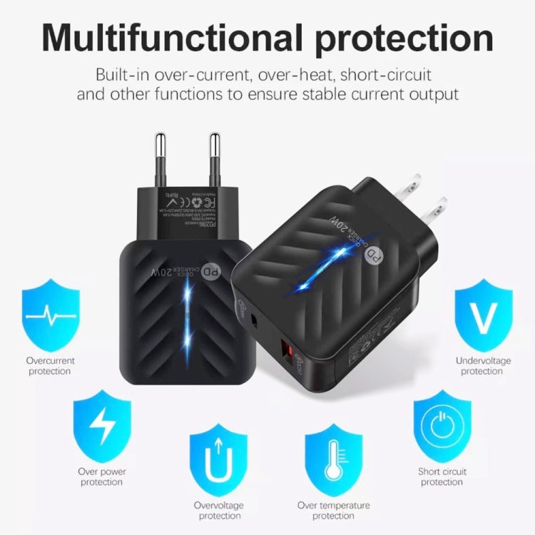 PD03 20W 타입-C + QC3.0 USB 충전기 표시등 포함, EU 플러그, EU 플러그 + USB to 타입-C 케이블