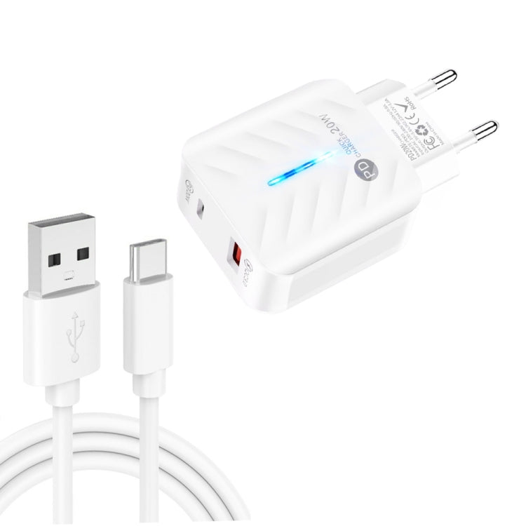 PD03 20W PD3.0 + QC3.0 USB 충전기 및 USB to Type-C 데이터 케이블, EU 플러그, EU 플러그, EU 플러그 + USB to Type-C 케이블