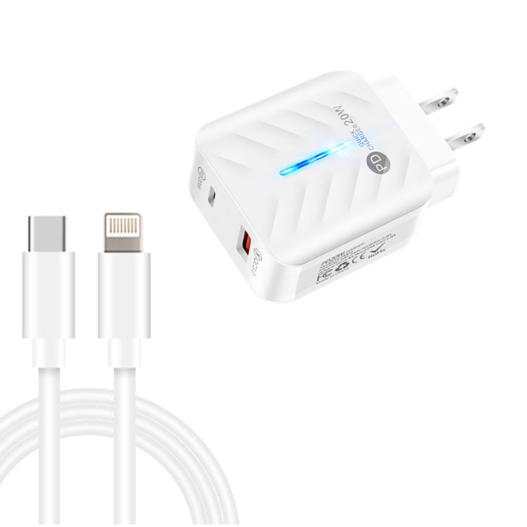 PD03 20W PD3.0 + QC3.0 USB 충전기 타입-C to 8핀 데이터 케이블 포함, US 플러그, US 플러그 + 타입-C to 8핀 케이블