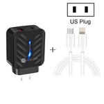 PD03 20W PD3.0 + QC3.0 USB 충전기 타입-C to 8핀 데이터 케이블 포함, US 플러그, US 플러그 + 타입-C to 8핀 케이블