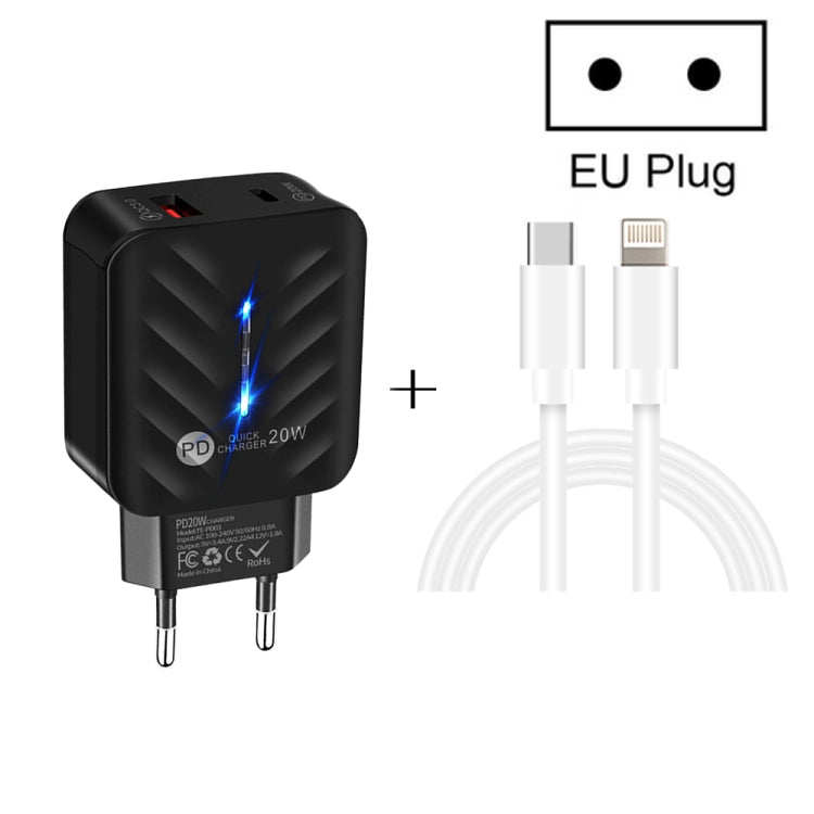 PD03 20W PD3.0 + QC3.0 USB 충전기 타입-C to 8핀 데이터 케이블 포함, EU 플러그, EU 플러그 + 타입-C to 8핀 케이블