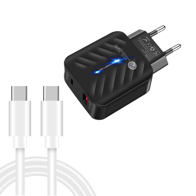 PD03 20W PD3.0 + QC3.0 USB 충전기 및 Type-C to Type-C 데이터 케이블, EU 플러그, EU 플러그 + Type-C to Type-C 케이블