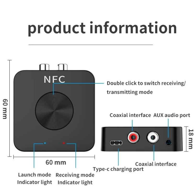 BT-21 NFC 블루투스 5.0 리시버 & 트랜스미터 RCA 3.5mm AUX 오디오 어댑터, BT-21