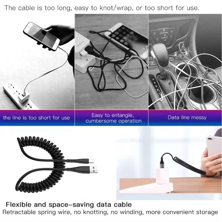 1.5m 스프링 텔레스코픽 휴대폰 고속 충전 데이터 케이블, USB to 8핀, USB to Type-C, USB to Micro USB