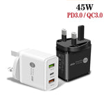 45W PD3.0 + 2 x QC3.0 USB 다중 포트 고속 충전기, 영국 플러그, 영국 플러그