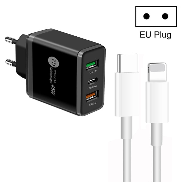 45W PD3.0 + 2 x QC3.0 USB 다중 포트 충전기 Type-C to 8핀 케이블 포함, 유럽 플러그, 유럽 플러그 + Type-C to 8핀 케이블