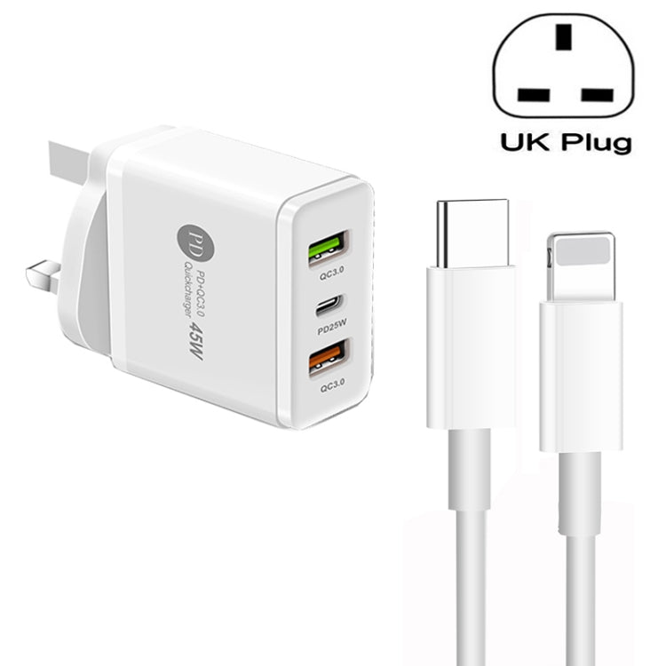 45W PD3.0 + 2 x QC3.0 USB 다중 포트 충전기 Type-C to 8핀 케이블 포함, 영국 플러그, 영국 플러그 + Type-C to 8핀 케이블