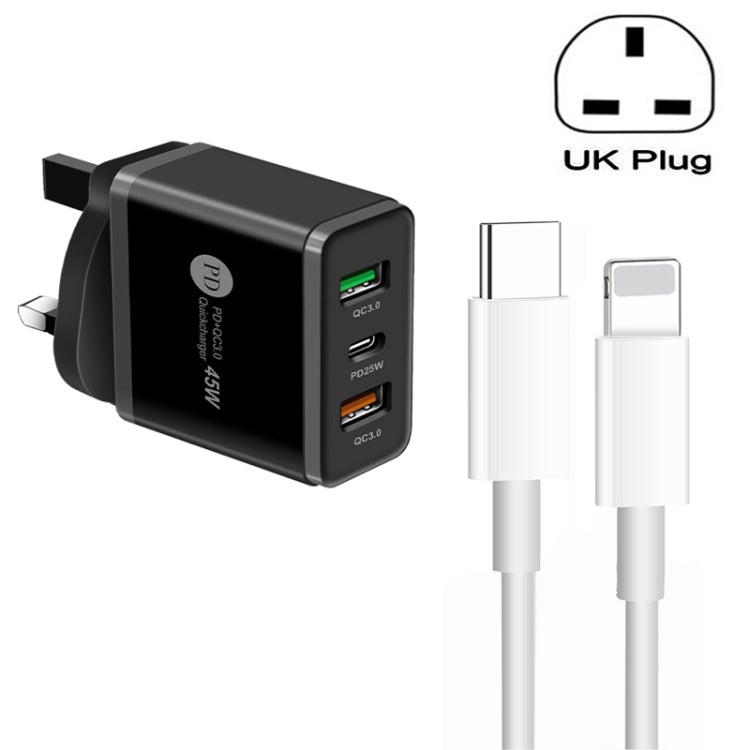 45W PD3.0 + 2 x QC3.0 USB 다중 포트 충전기 Type-C to 8핀 케이블 포함, 영국 플러그, 영국 플러그 + Type-C to 8핀 케이블